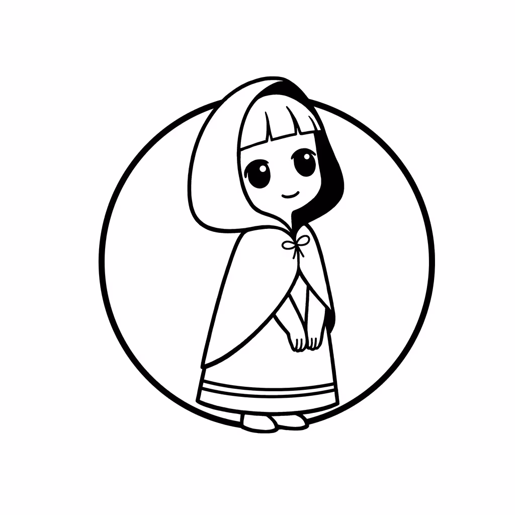 Chibi storybook girl wearing a hooded cape and bow coloring page