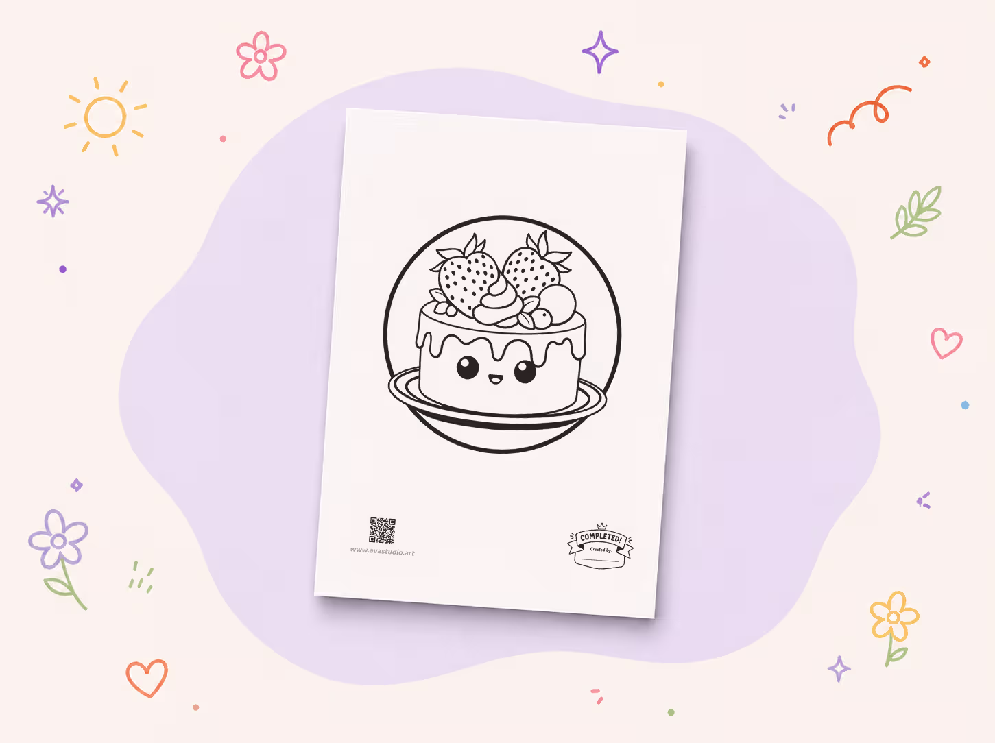 Printed strawberry cake coloring page on a decorative background