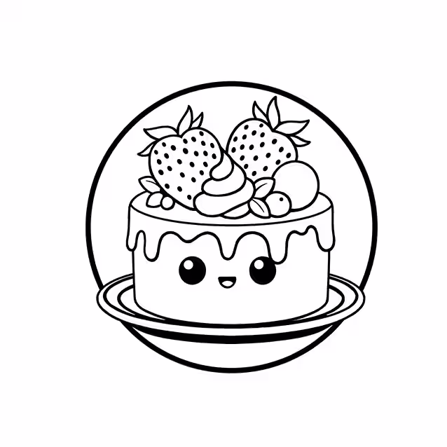Smiling cake topped with strawberries, fruit, and swirled cream coloring page