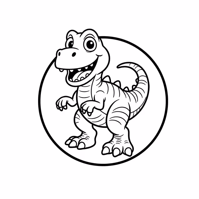 Cheerful T-Rex dinosaur with tiny arms, long tail, and visible teeth coloring page