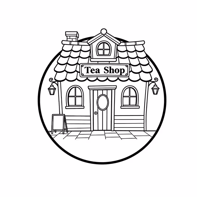 Tea shop with tiled roof, arched windows, lanterns, and front door coloring page