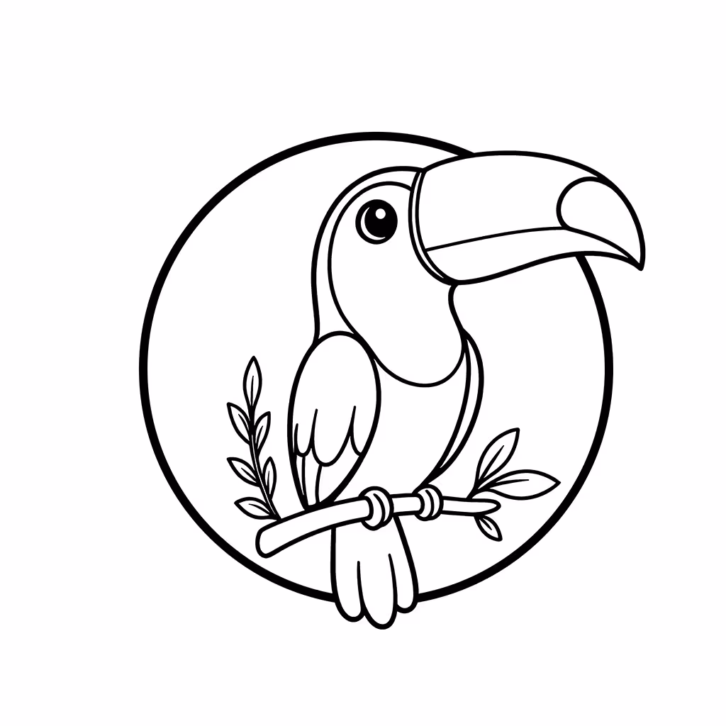 Toucan with large beak perched on a leafy branch coloring page