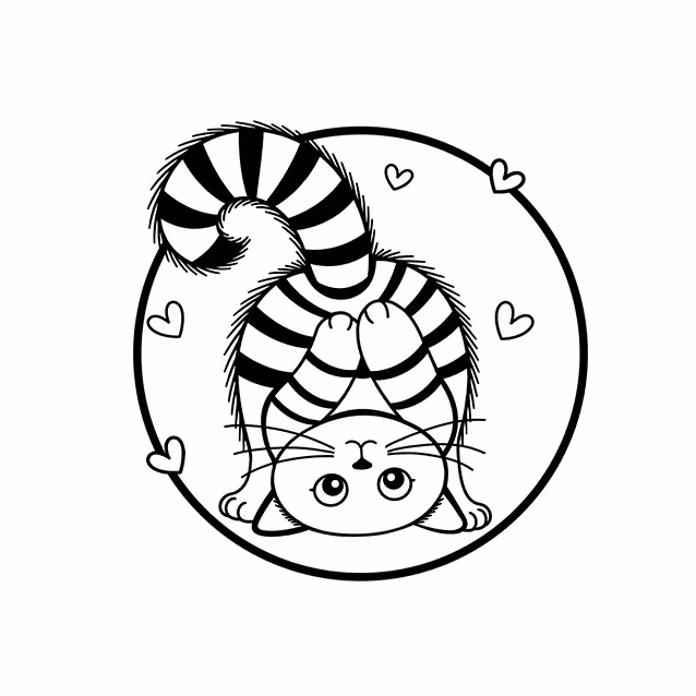 Striped cat posing upside down with curled tail and floating hearts coloring page