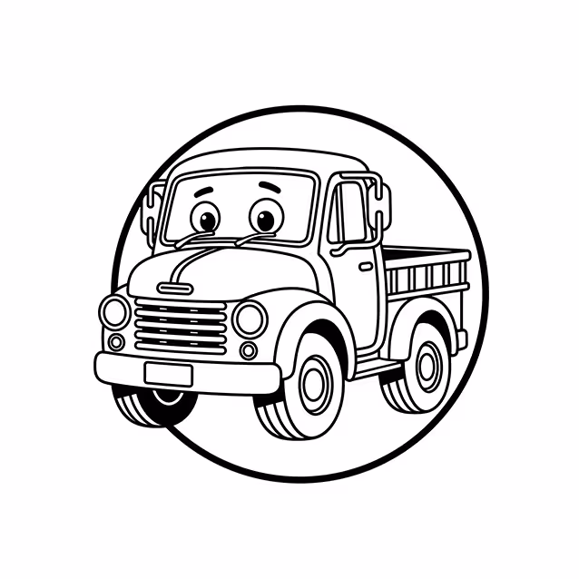 Vintage pickup truck with windshield eyes, round headlights, and cargo bed coloring page