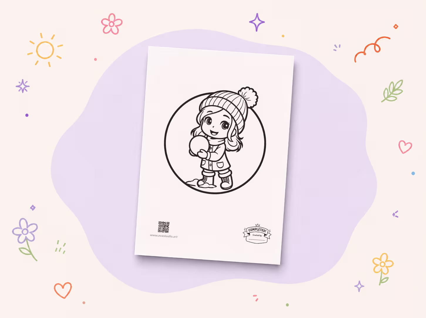 Printed winter girl with snowball coloring page on a decorative background