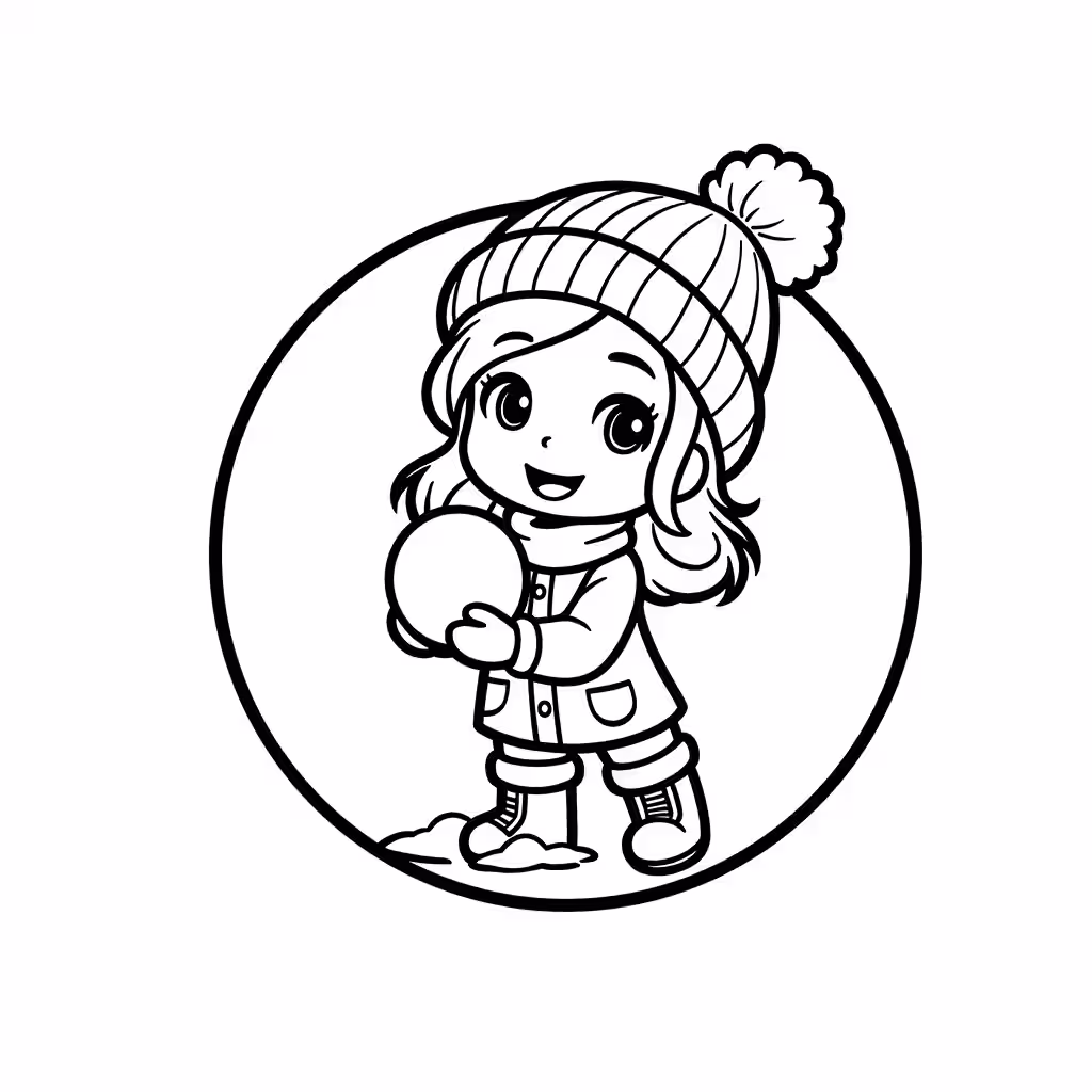 Girl in pom-pom hat and scarf holding a snowball coloring page