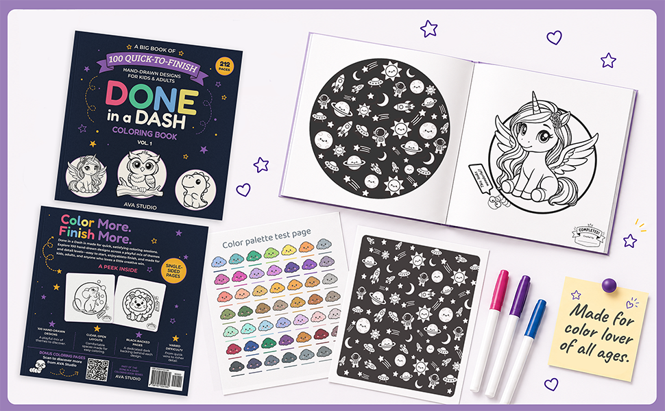 Ava Studio Done in a Dash coloring book collection displayed with open coloring pages, finished artwork, color palette test page, markers, and book covers