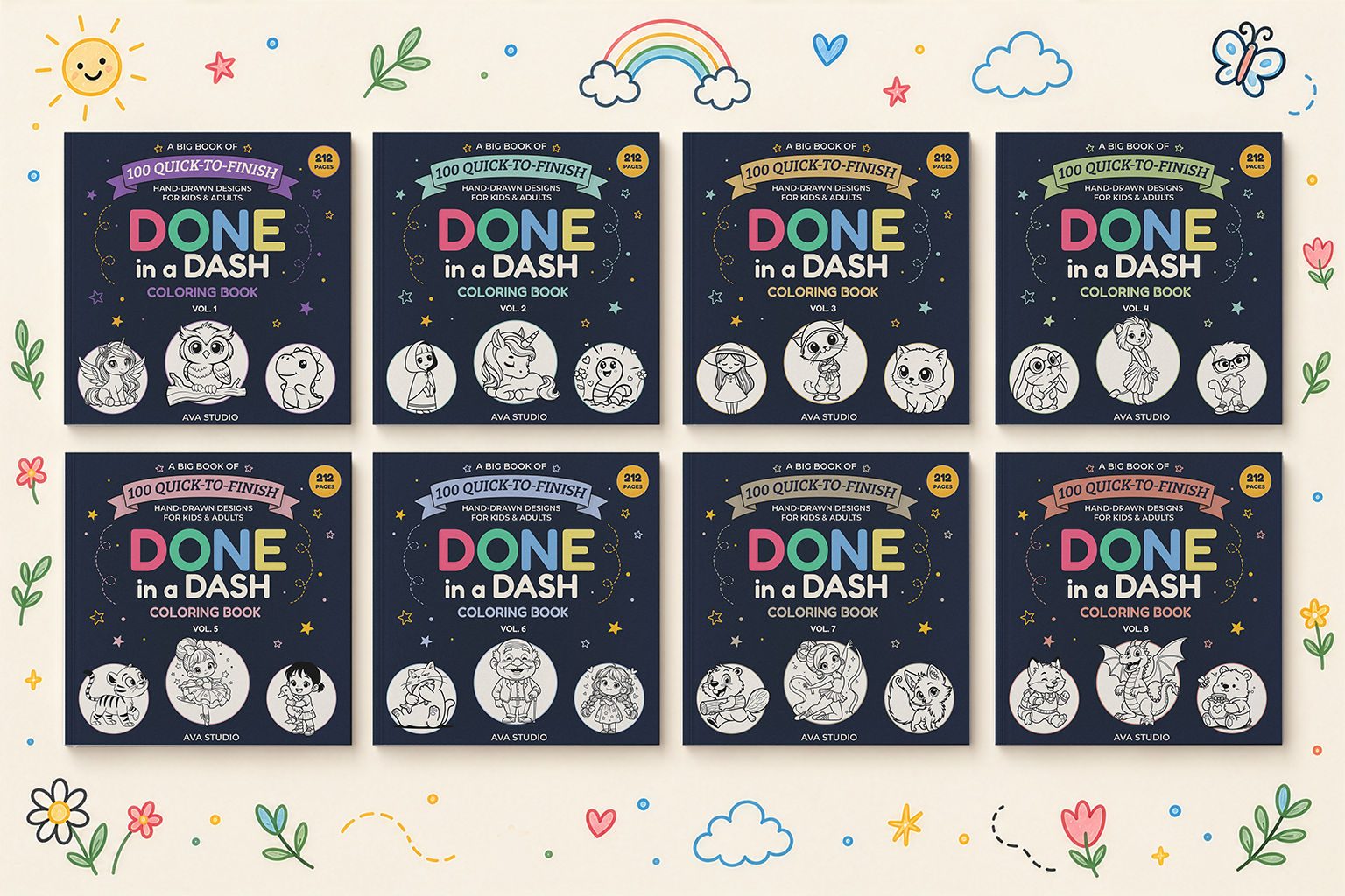 Ava Studio Done in a Dash coloring book series featuring eight volumes of hand-drawn quick-to-finish coloring books for kids and adults