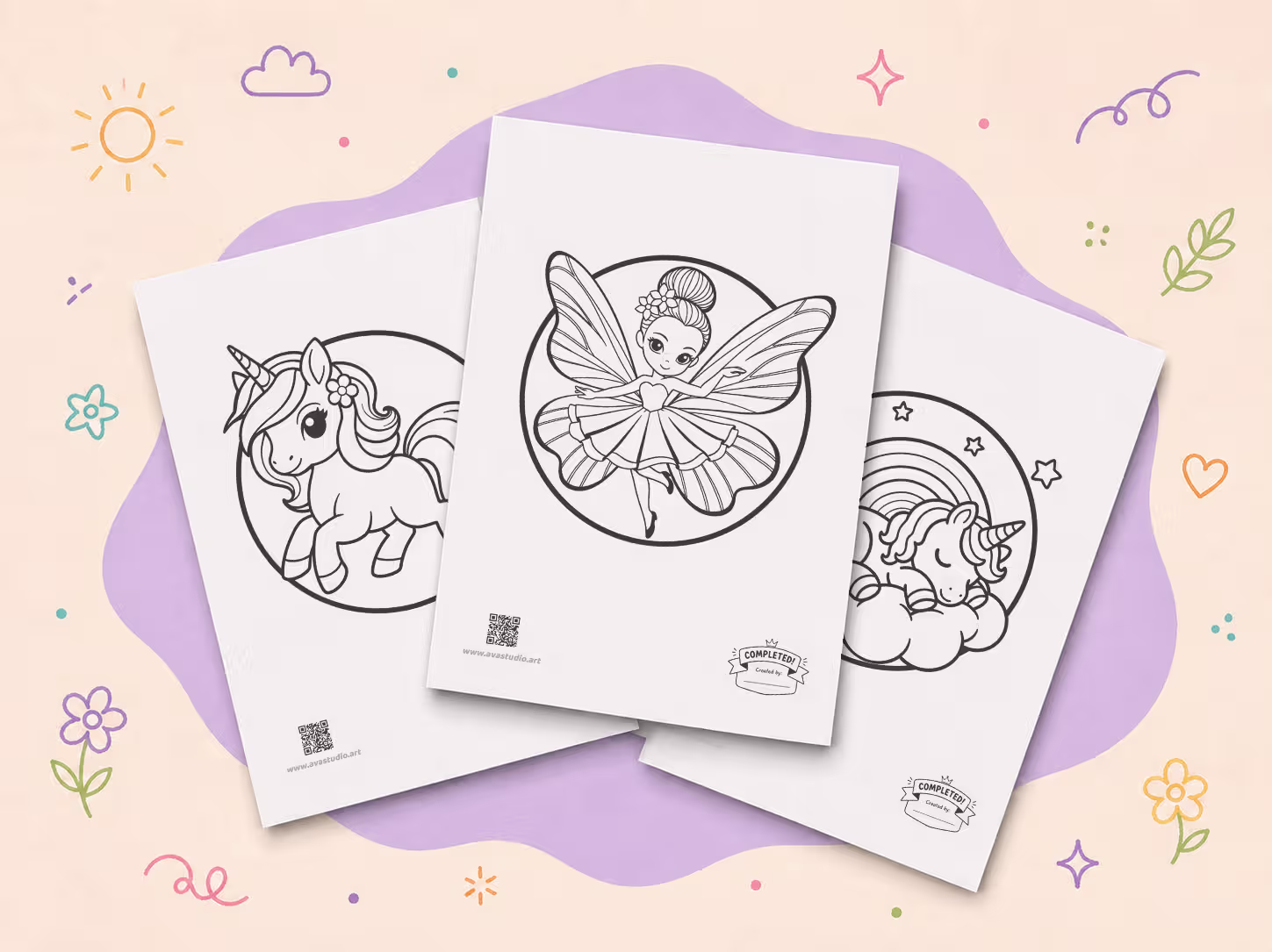 Three printable magical coloring pages featuring a cute fairy with butterfly wings, a playful unicorn, and a sleeping unicorn on a cloud under a rainbow.