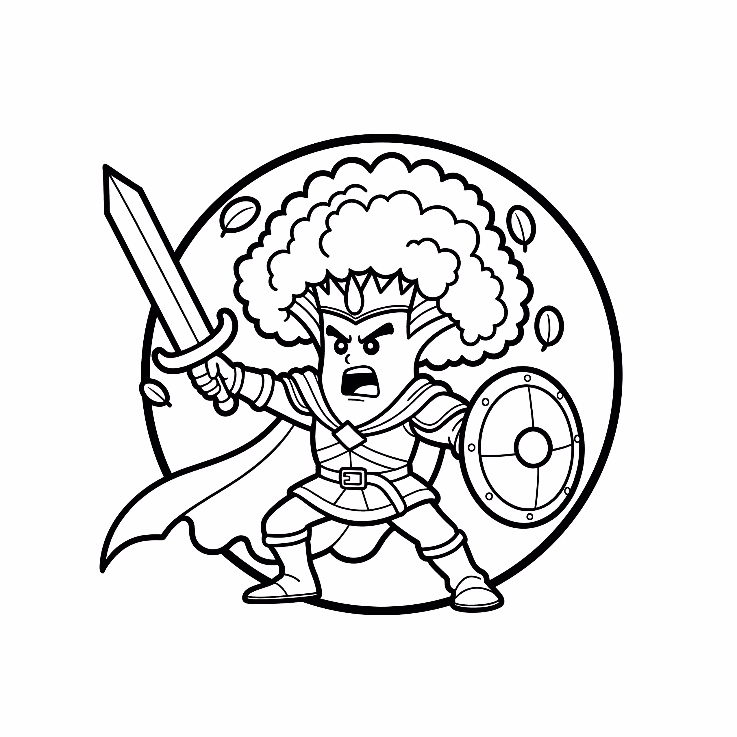 Fantasy tree warrior holding a sword and round shield coloring page