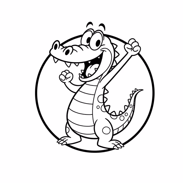 Cartoon crocodile with raised arms, wide grin, and curled tail coloring page