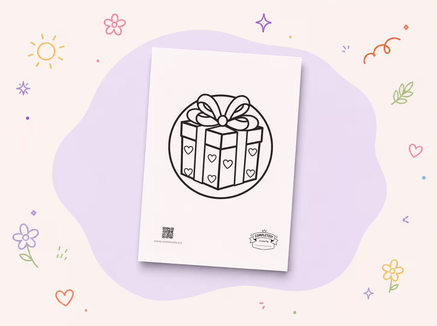 Printed heart gift box coloring page displayed on a decorative background