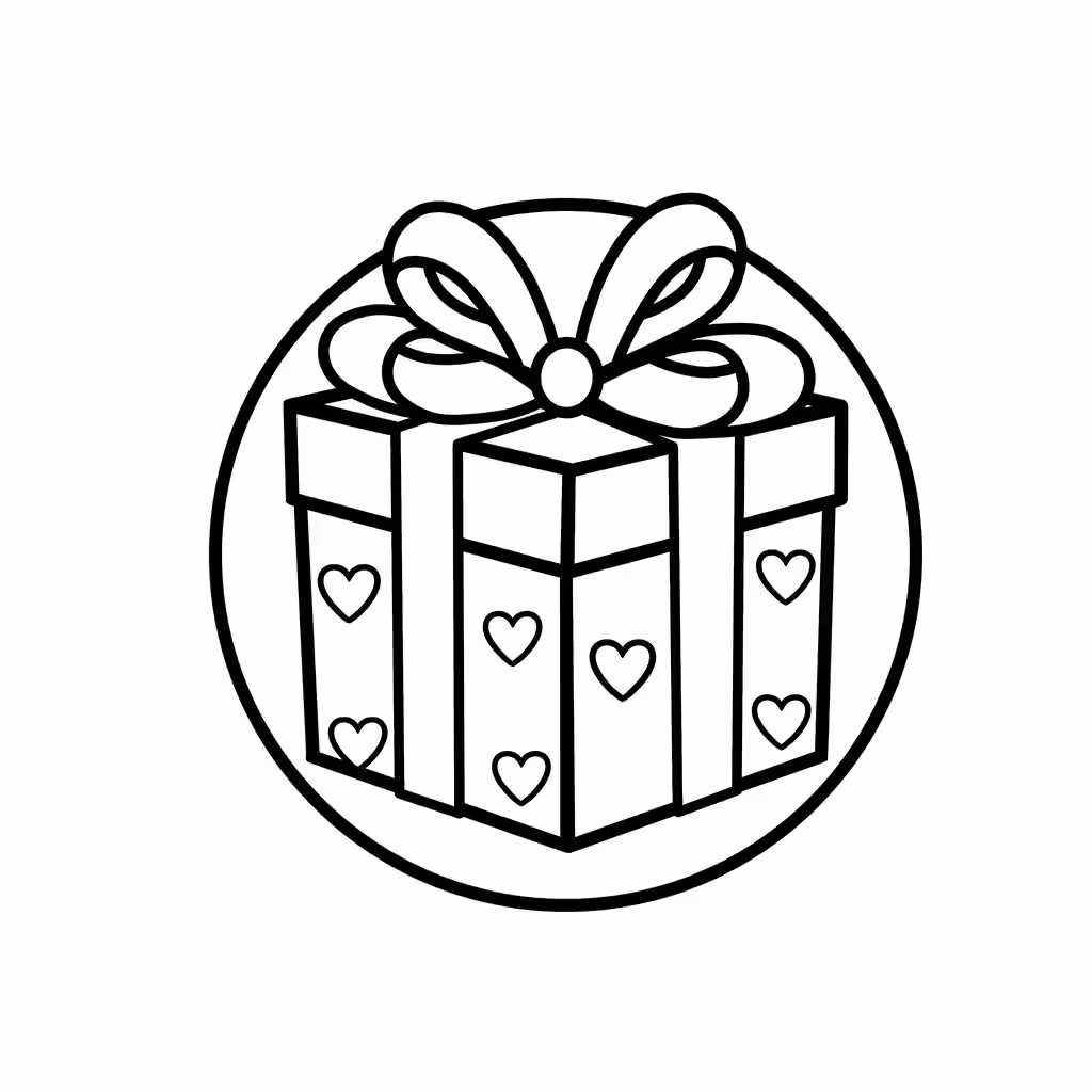 Wrapped gift box with heart decorations and a large ribbon bow coloring page