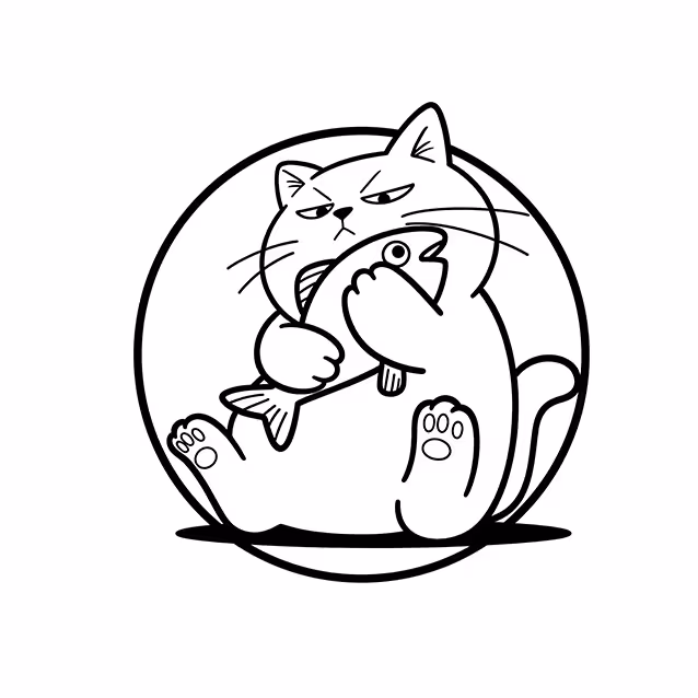 Grumpy cartoon cat sitting and holding a fish in its paws coloring page