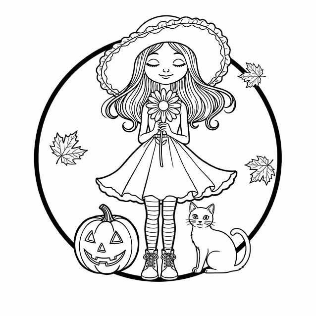 Girl holding flower beside cat and jack-o'-lantern with autumn leaves coloring page