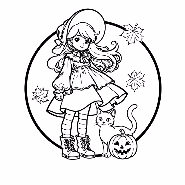 Girl in hooded outfit standing beside cat and jack-o'-lantern coloring page