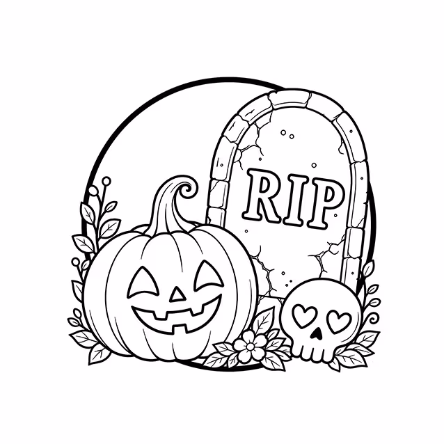 RIP tombstone with jack-o'-lantern, skull, flowers, and leaves coloring page