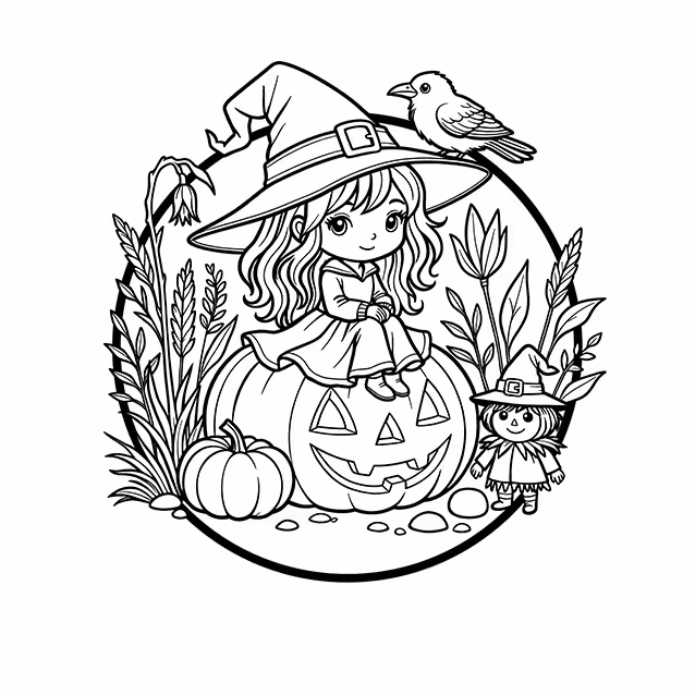 Witch girl sitting on jack-o'-lantern with pumpkins, bird, plants, and scarecrow coloring page