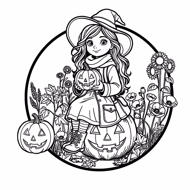 Witch girl holding jack-o'-lantern among pumpkins, flowers, and autumn leaves coloring page
