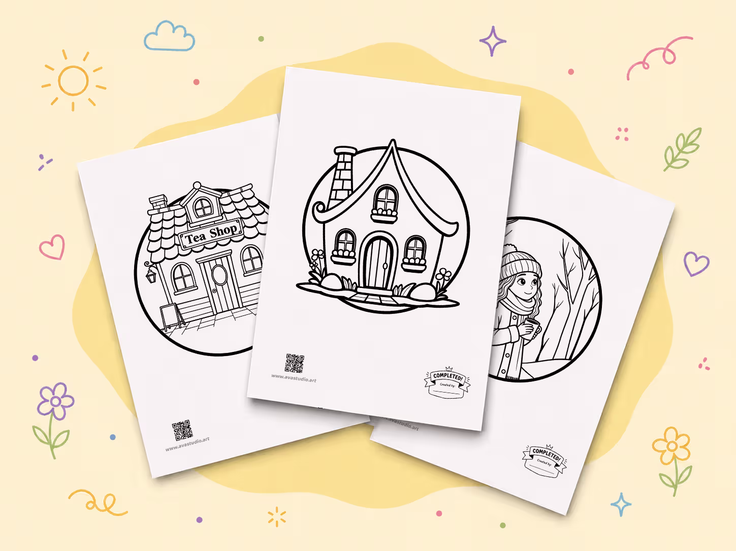 Ava Studio coloring book pages featuring hand-drawn circular designs, including a tea shop, cozy cottage, and girl in a winter forest scene
