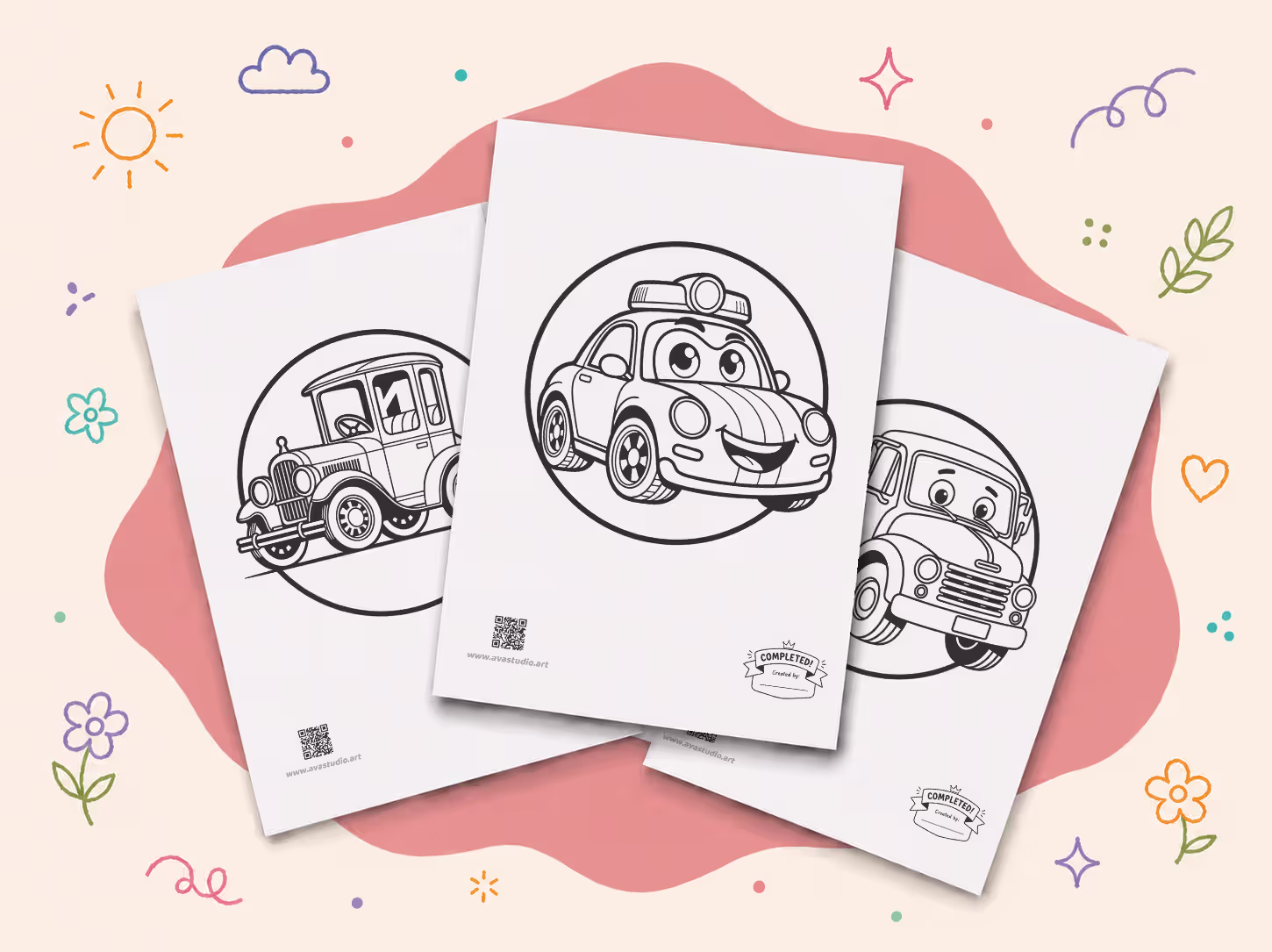 Three hand-drawn vehicle coloring pages featuring a vintage car, a cheerful police car, and a classic truck inside circular frames