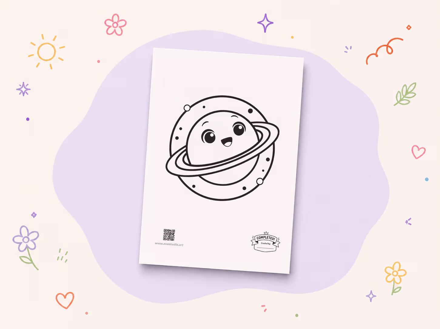 Printed smiling ringed planet coloring page displayed on a decorative background