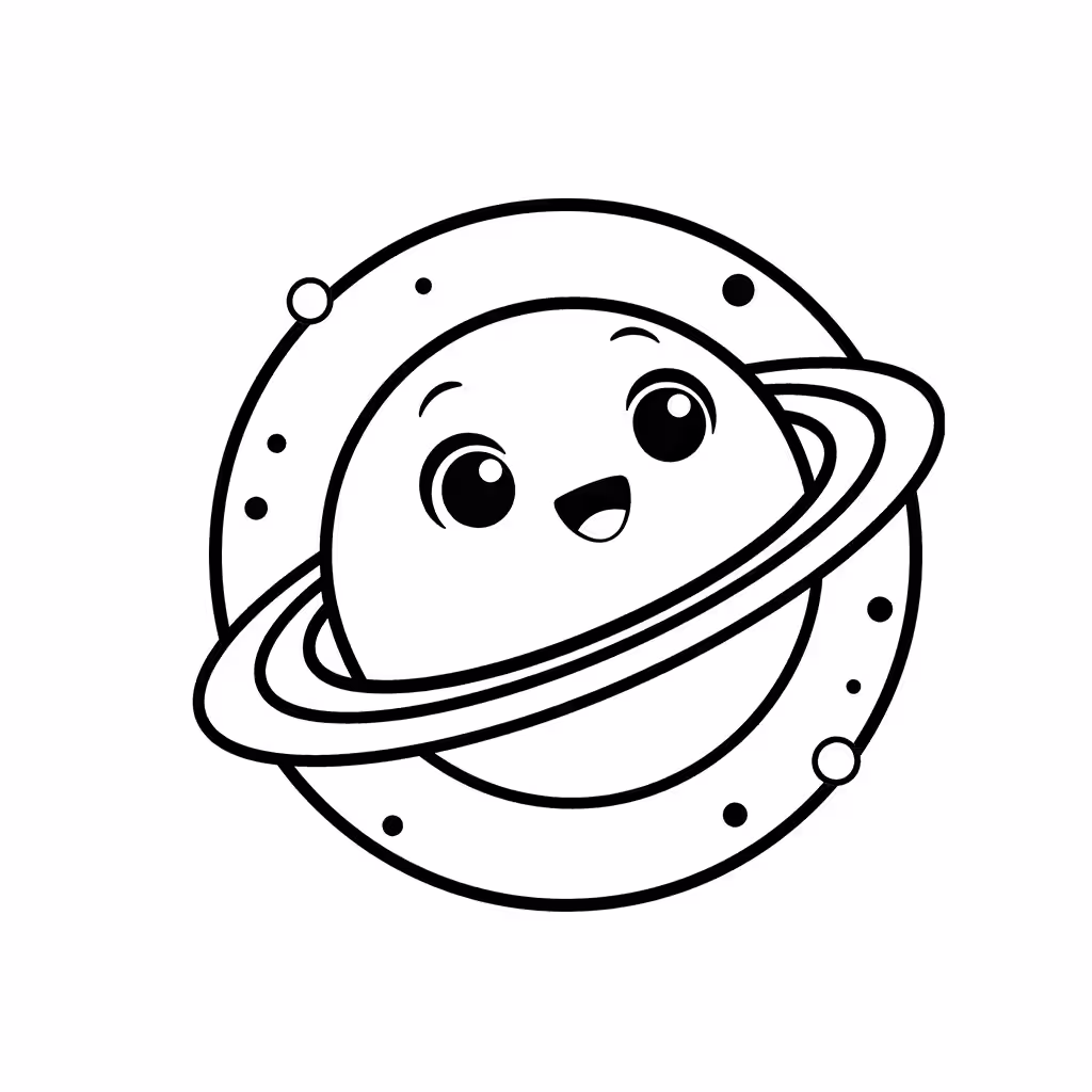 Smiling ringed planet surrounded by small space details coloring page