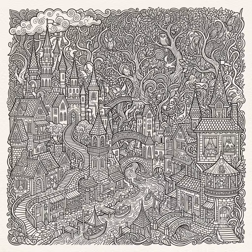 An intricate, detailed black-and-white line-art coloring page featuring a fantasy castle kingdom surrounded by dense forest, stone bridges, small houses, and a river with boats.