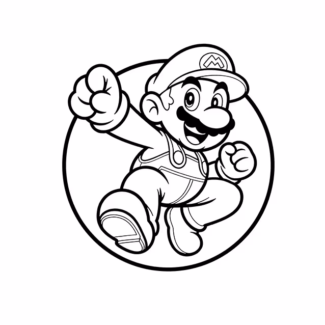 Mario jumping forward with raised fists and classic overalls coloring page