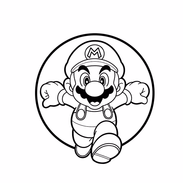 Mario running forward with outstretched arms and one shoe toward viewer coloring page