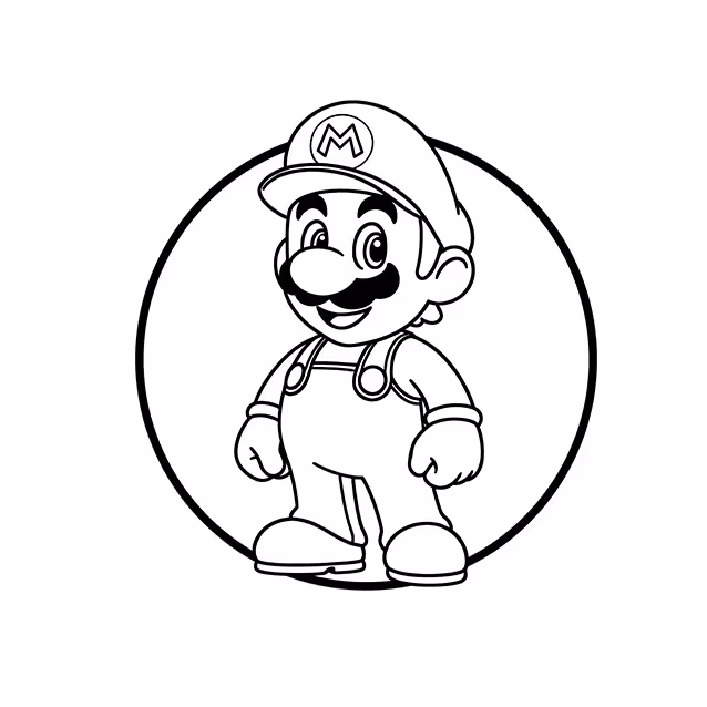 Mario standing in cap, overalls, gloves, and shoes coloring page