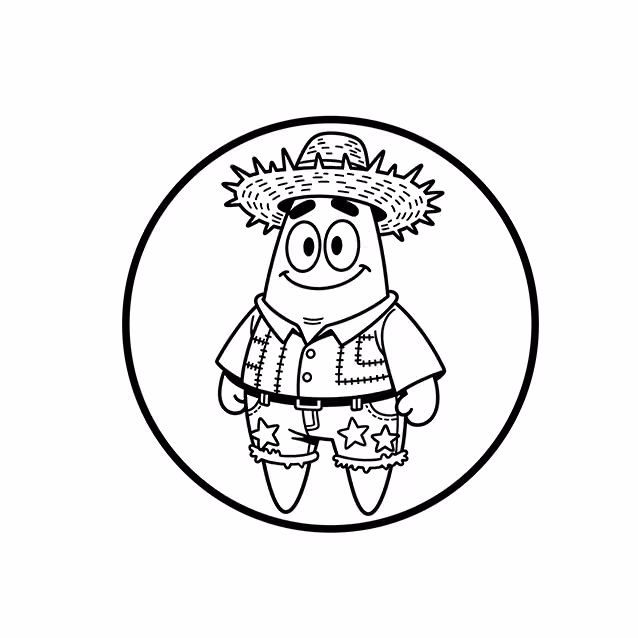 Patrick Star wearing straw hat, patchwork shirt, and decorated shorts coloring page