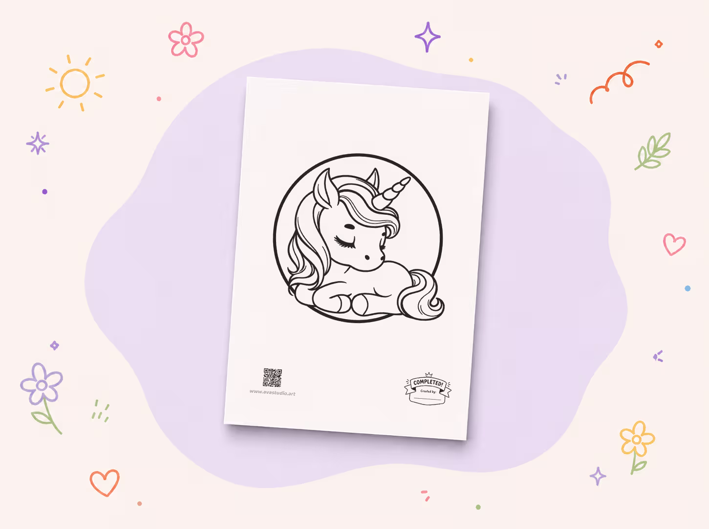 Printed sleeping unicorn coloring page displayed on a decorative background