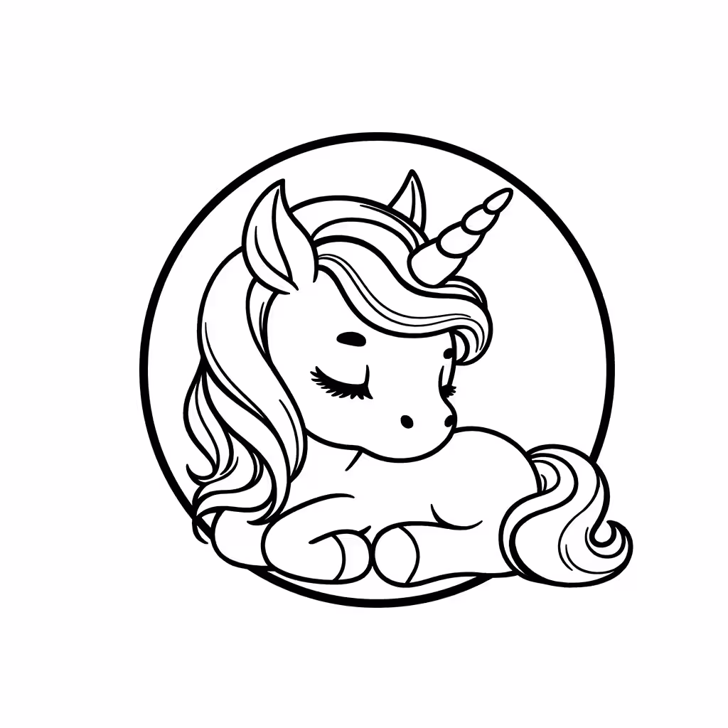Sleeping unicorn resting with closed eyes and flowing mane coloring page