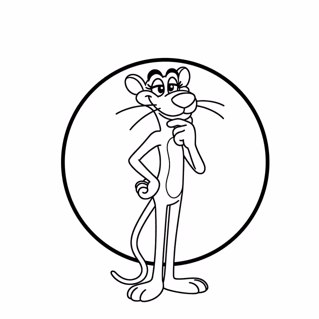 Pink Panther standing with one hand beneath his chin in a thinking pose coloring page