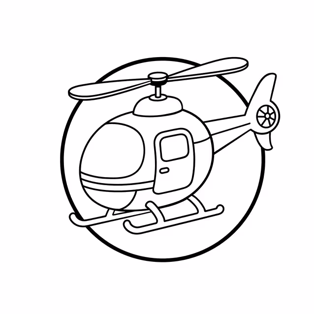 Cartoon helicopter with main rotor, tail rotor, door, and landing skids coloring page