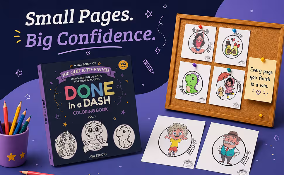 Done in a Dash coloring book with colorful completed pages displayed on a bulletin board, highlighting small coloring wins and growing confidence