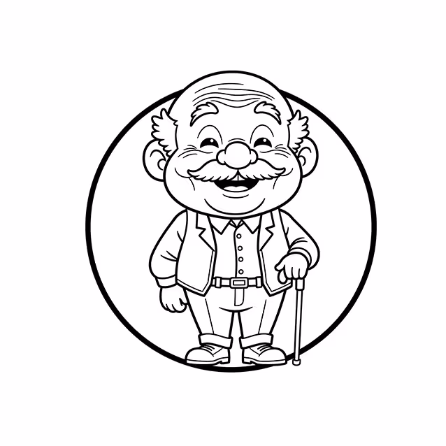 Smiling elderly man with mustache, jacket, and walking cane coloring page
