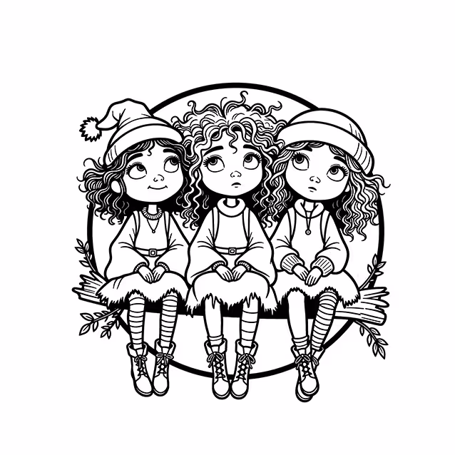 Three girls sitting together in cozy outfits with curly hair and lace-up boots coloring page