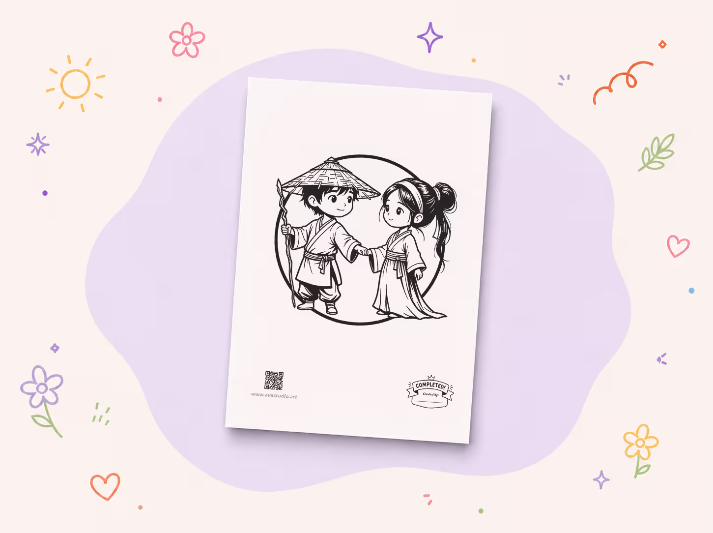 Printed two children in traditional robes coloring page on decorative background