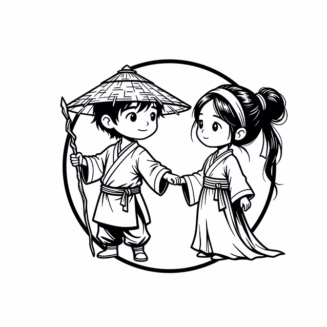 Two children in traditional robes holding hands with hat and staff coloring page