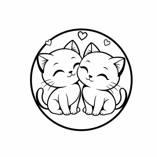 Two kittens sitting close together beneath three hearts coloring page