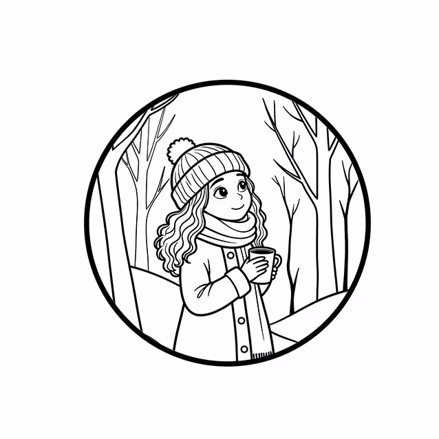 Girl in knit hat and scarf holding a cup among bare trees coloring page