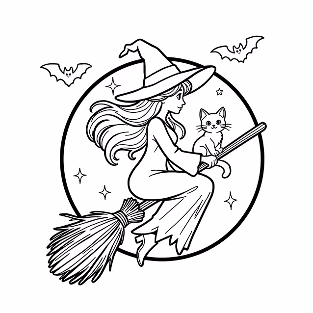 Witch flying on a broom with a cat, bats, and sparkling stars coloring page